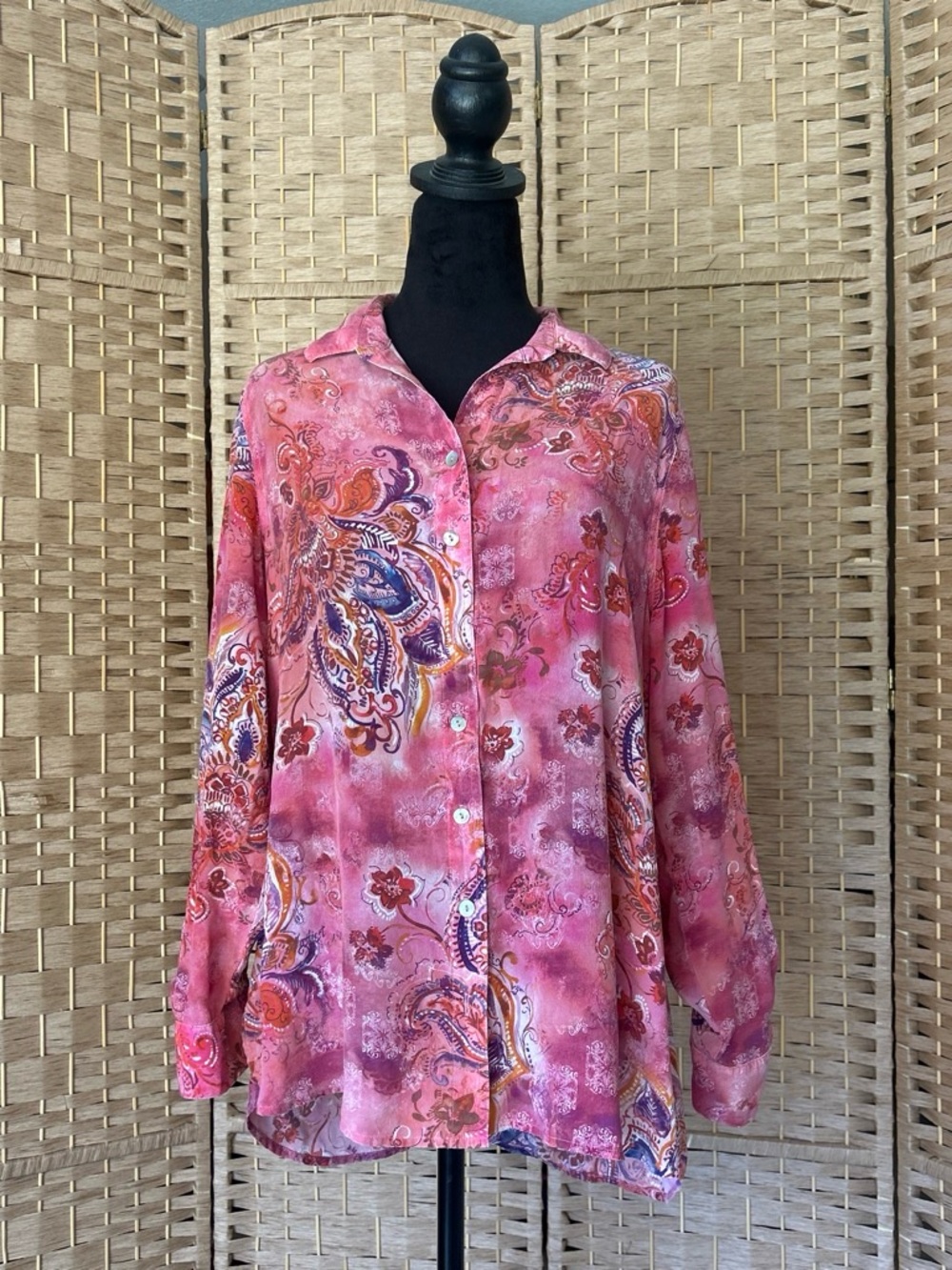 Tianello Pink Paisley 100% Silk Button-Up Blouse
